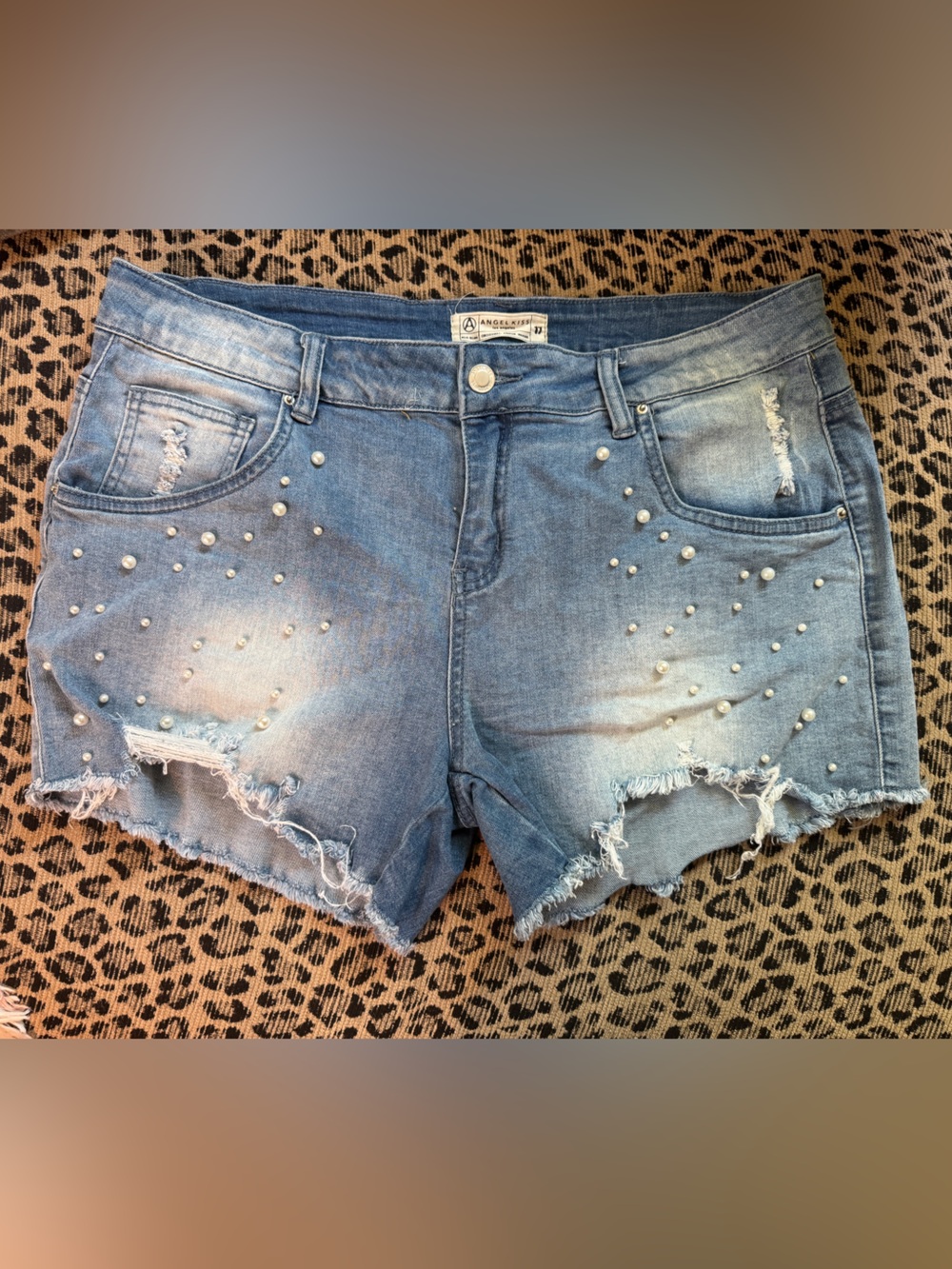 NWT Angel Kiss Light Blue Pearl-Embellished Distressed Denim Shorts